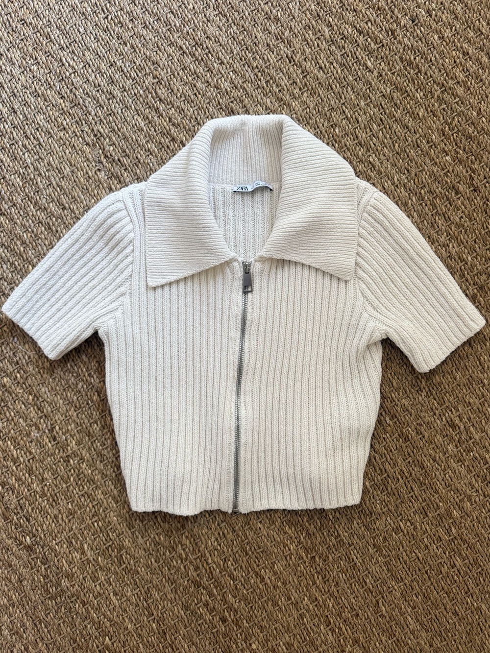 ZARA Cream Ribbed Knit Zip Up Collared Sweater size Small